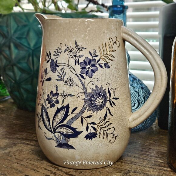 Antique English Ironstone Blue Pitcher Transferware Floral Stained Crazed Jug - Picture 13 of 13